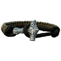 Pulseira Thor's Hammer prata trabalhada à mão azeitona preta nó