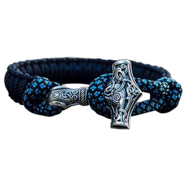 Bracelet artisanal marteau de Thor en argent et paracorde bleue foncée
