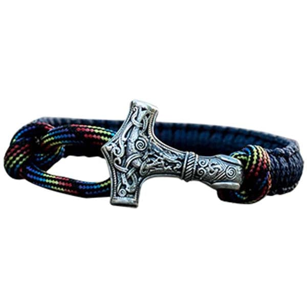 Bracelet artisanal marteau de Thor en argent et paracorde multicolore