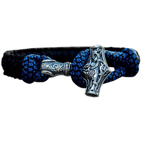 Bracelete martelo de Thor azul feito à mão em paracord prateado e preto