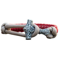 Pulseira artesanal martelo de Thor prata paracord vermelho nó bege