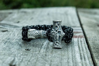 Pulsera vikinga martillo de Thor gigante en plata paracord negra
