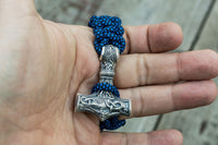 Pulseira gigante moljnir viking em azul paracord prateado