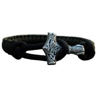 Bracelet fait main marteau Thor en argent nœud noir paracorde olive