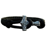 Pulsera hecha a mano Martillo de Thor en plata nudo negro oliva paracord