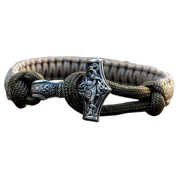 Pulseira de martelo de Thor feita à mão em prata e paracord verde-oliva
