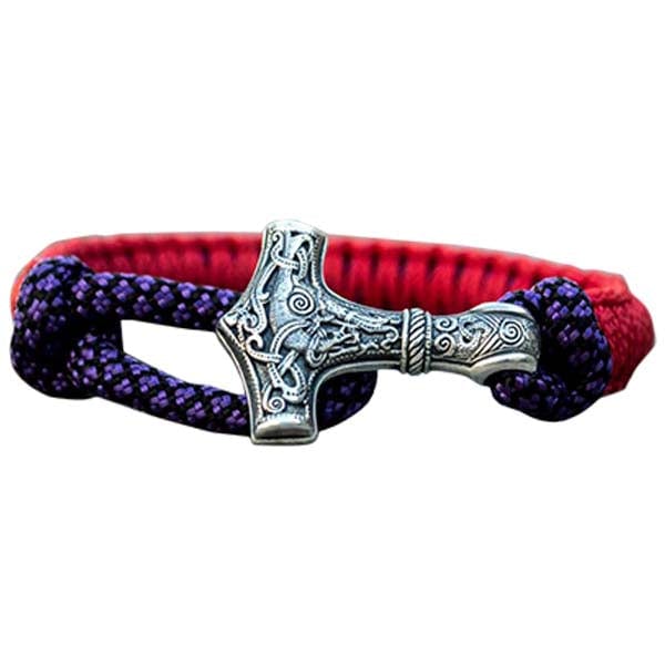 Pulsera roja Martillo de Thor metal plateado 925 nudo morado
