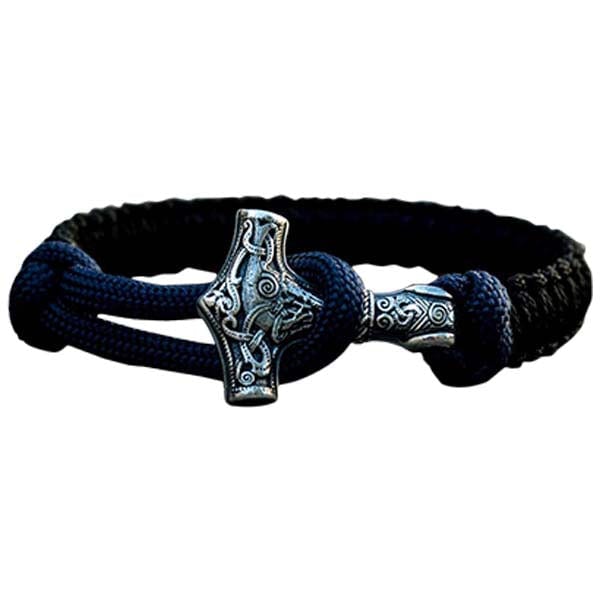 Pulseira de martelo de Thor feita à mão em paracord prateado e preto
