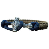 Bracelet marteau Thor olive en argent façon artisanale nœud bleu