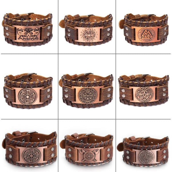Pulsera de cuero Valknut, Yggdrasil, Aegishjalmur, Fenrir